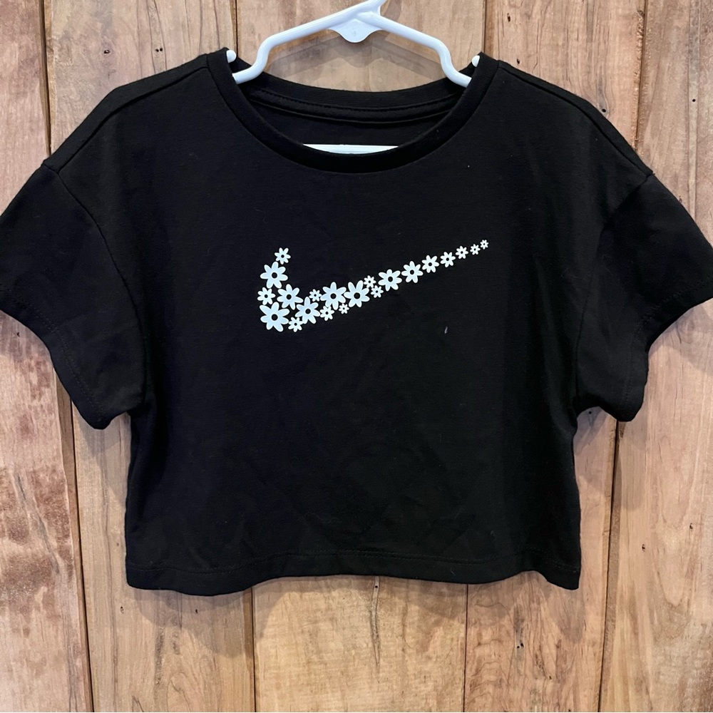 Nike Black Crop Top with Floral Swoosh